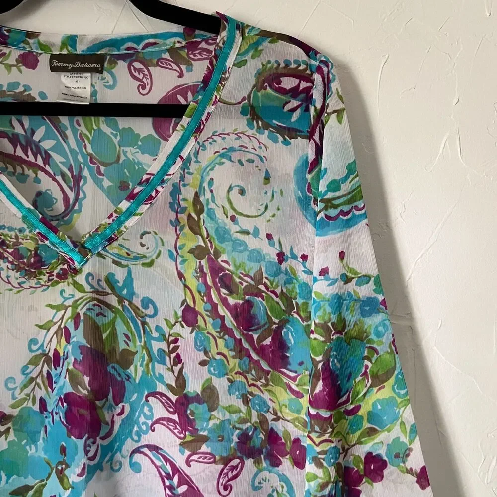 Tommy Bahama Paisley Tunic Cover Up Resort Beach Vacation Blue Purple Size L